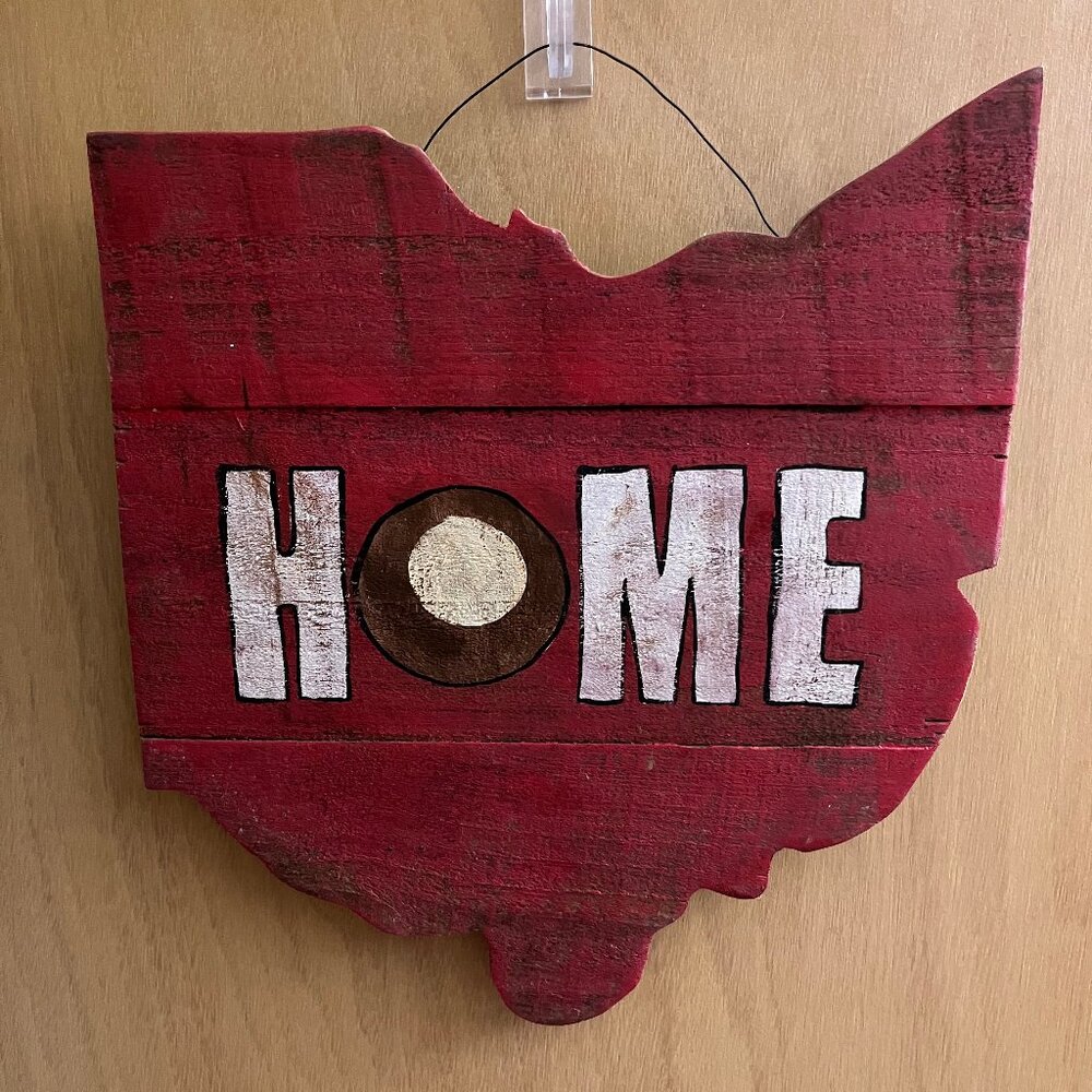 Wooden State of Ohio Shaped Buckeye "Home" Hanging Sign Rustic, Distressed